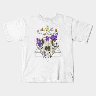 Cat Skull with Crystals, Butterflies, and Geometric Accents Kids T-Shirt